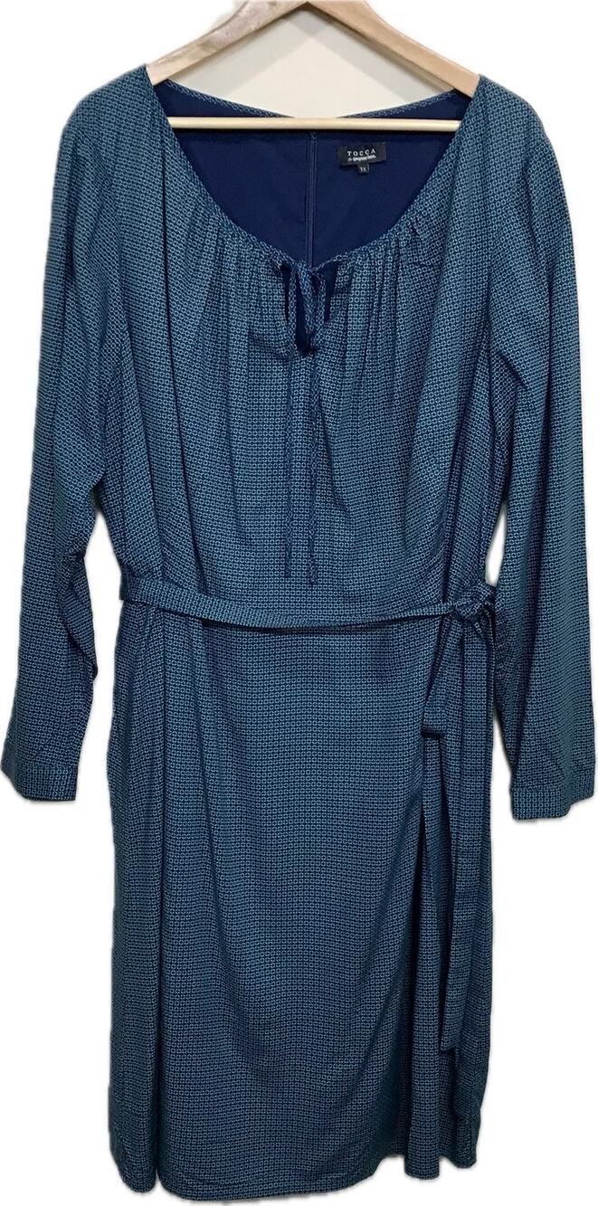 Tocca Teal Eyelet Scoop Tie Neck Shift Long Sleeve Shirt Dress Women 2X